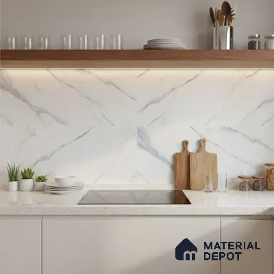 Modern kitchen with white marble-look backsplash tile, white quartz countertop, and walnut wood open shelf