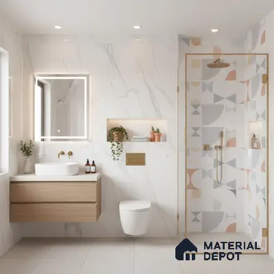 Modern bathroom with white marble wall tiles, geometric pastel highlighter shower tiles, and light wood floating vanity