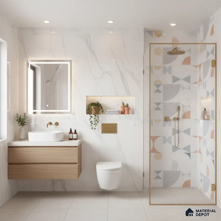 Modern bathroom with white marble wall tiles, geometric pastel highlighter shower tiles, and light wood floating vanity