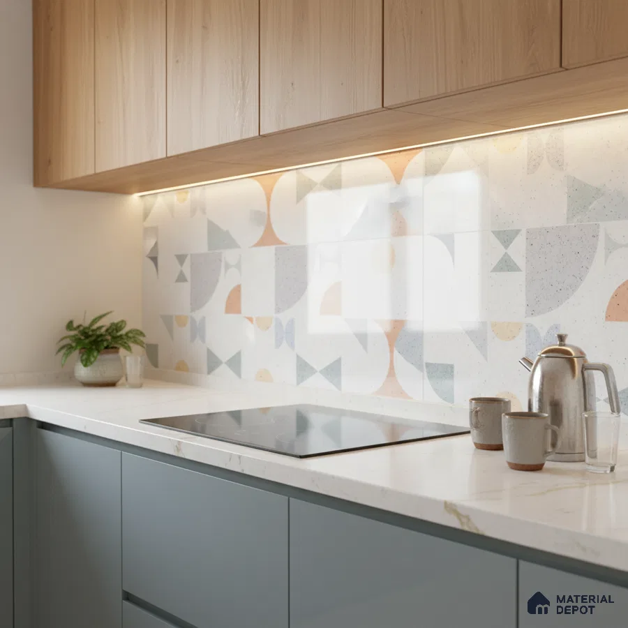 Scandinavian kitchen with geometric pastel backsplash tiles, white quartz countertop, and light oak laminate cabinets