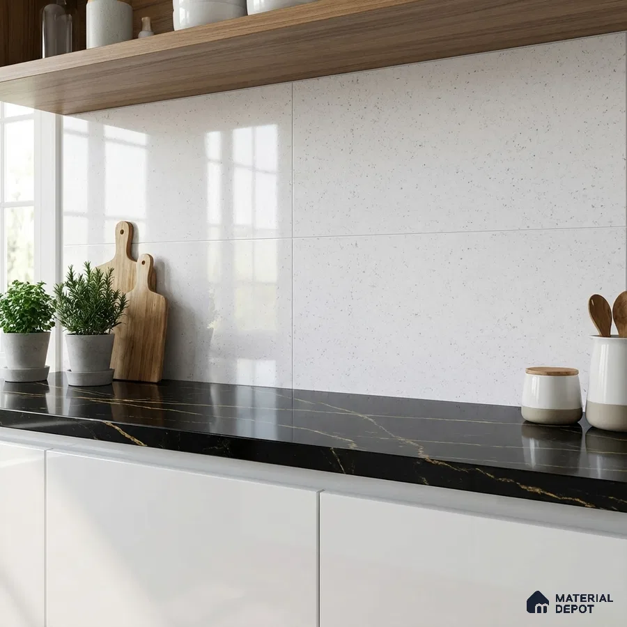Modern kitchen with black marble countertop, white glossy cabinets, and white speckled wall tiles