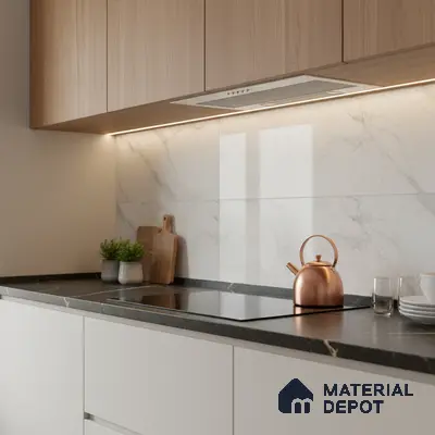 Modern kitchen with light oak laminate cabinets, white marble-look backsplash tile, and black quartz countertop