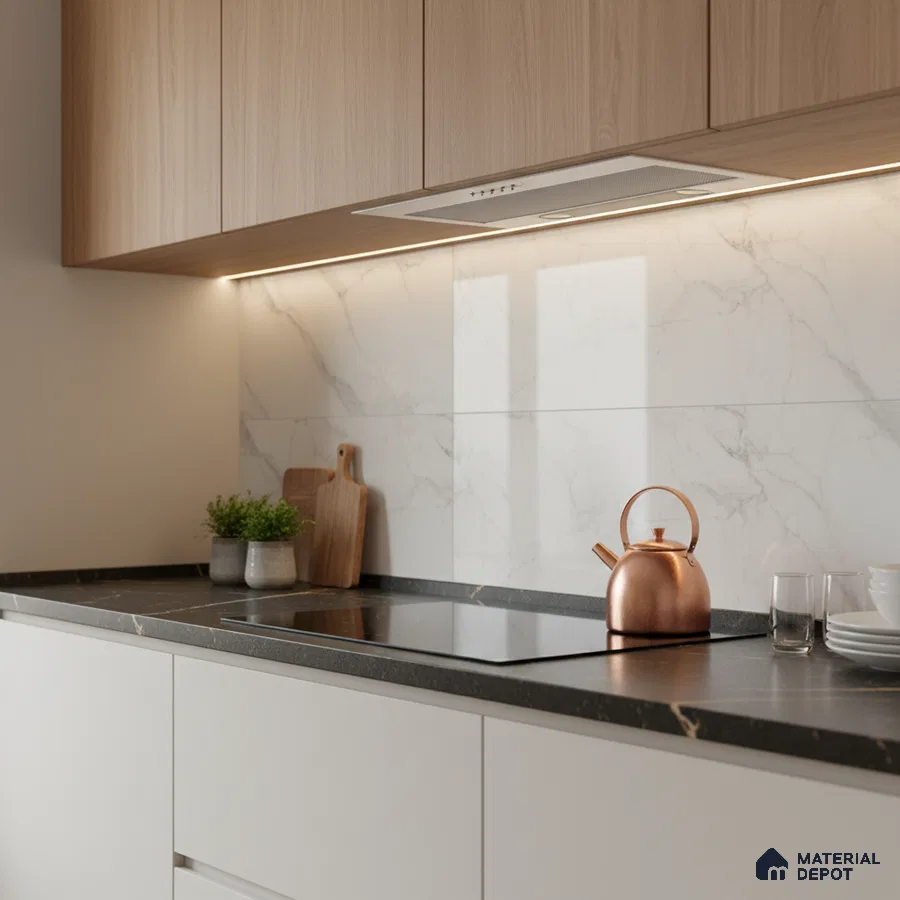Modern kitchen with light oak laminate cabinets, white marble-look backsplash tile, and black quartz countertop