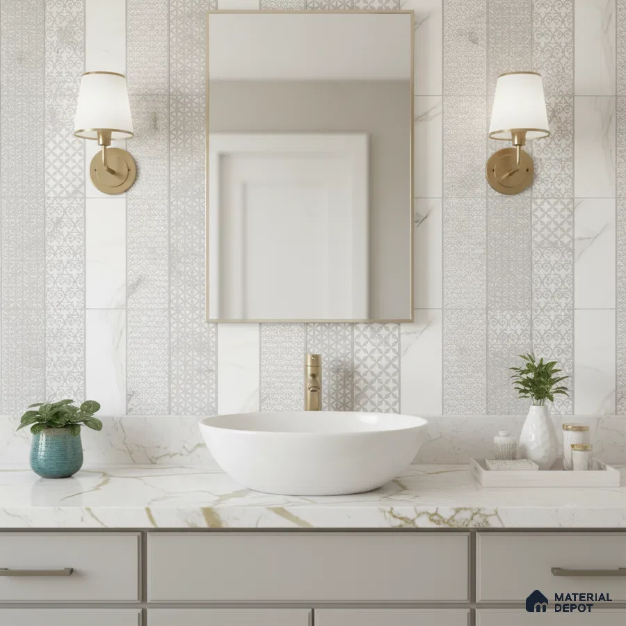 Modern bathroom with patterned white and grey wall tiles and marble-look countertop