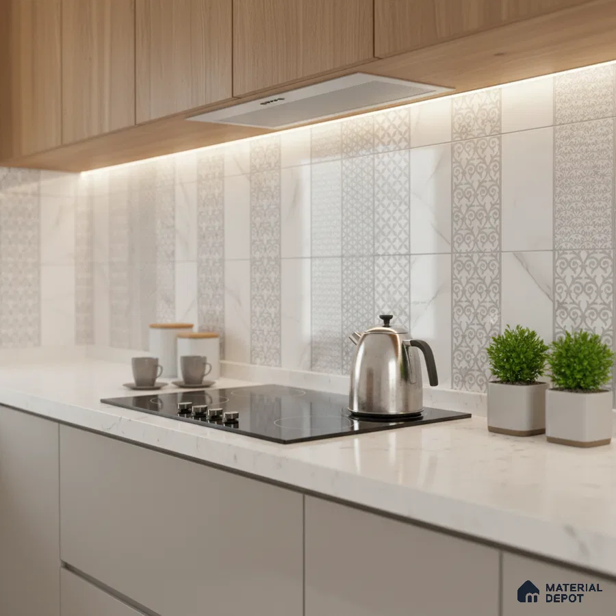 Modern kitchen with light oak laminate, white quartz countertop, and patterned marble-look backsplash tiles