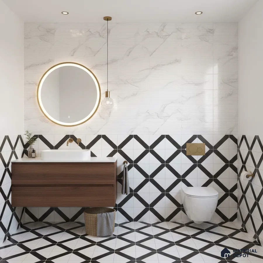Modern bathroom with marble wall tiles, geometric black-and-white floor and wall tiles, and walnut wood vanity