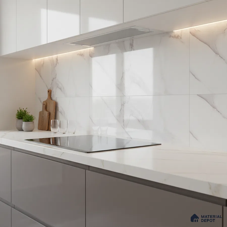 Minimalist kitchen with white marble-look backsplash tile and countertop, glossy grey laminate cabinets