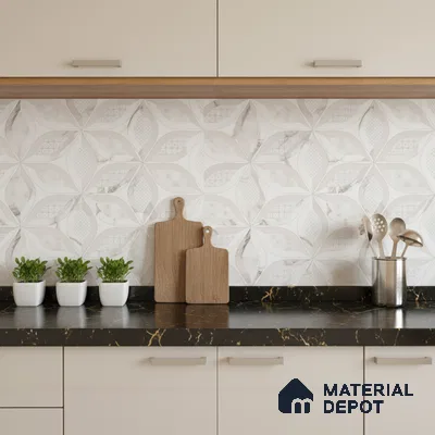 Modern kitchen with beige patterned backsplash tile and black marble countertop