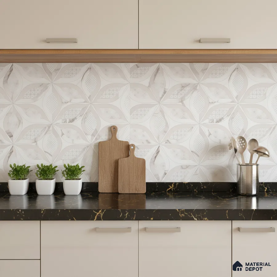 Modern kitchen with beige patterned backsplash tile and black marble countertop
