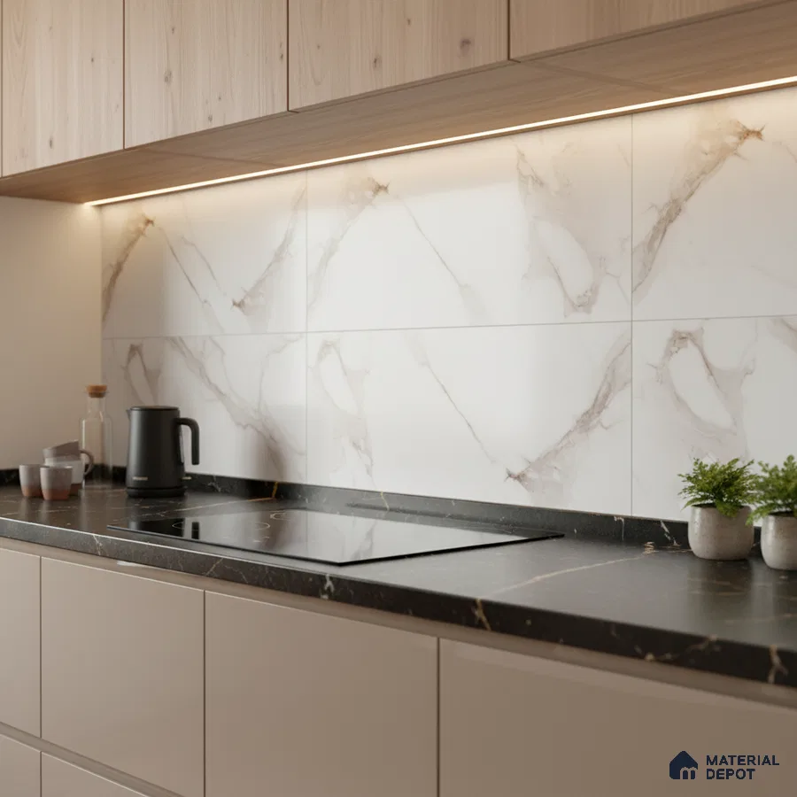 Modern kitchen with marble-look backsplash tile, black marble countertop, and light oak laminate cabinets