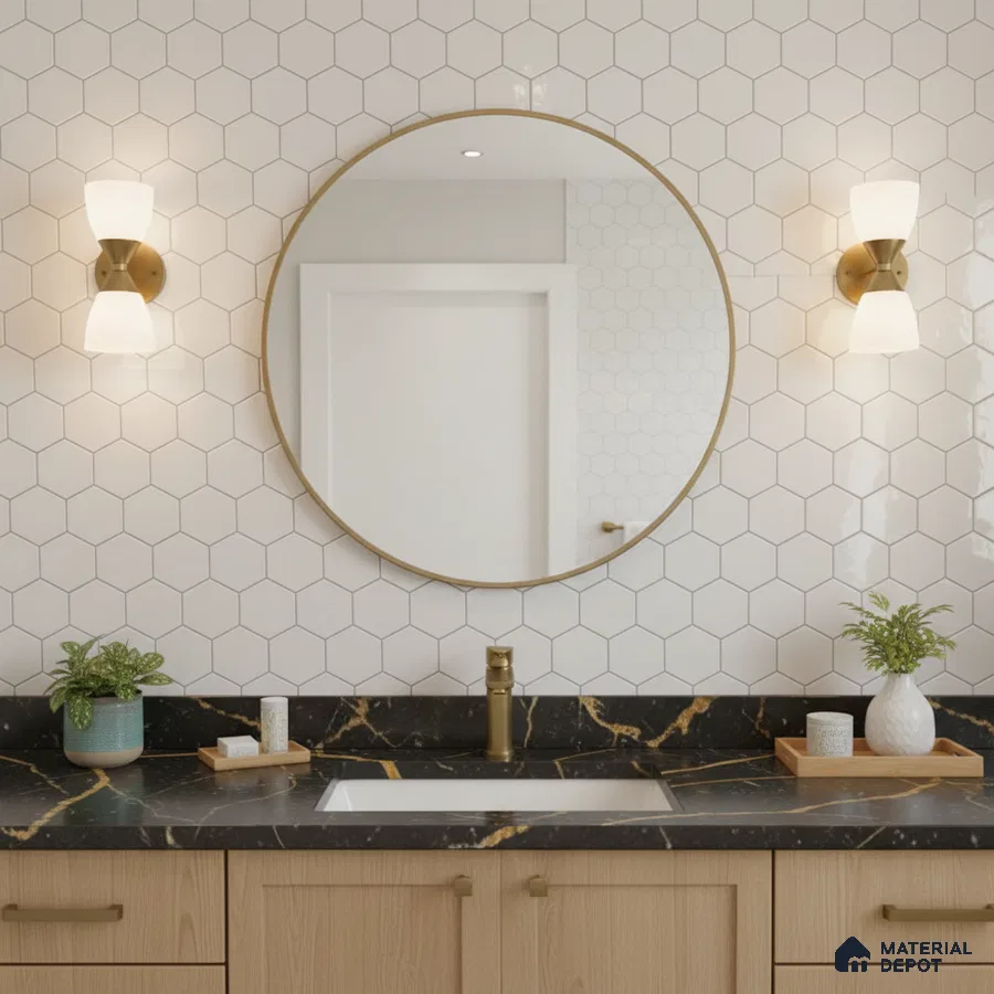 Minimalist kitchen with white hexagonal tile backsplash and white quartz countertop