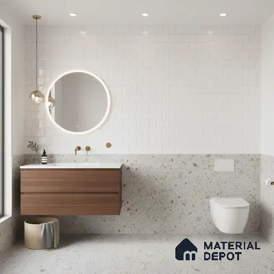 Modern bathroom with white subway wall tiles, terrazzo floor and wall tiles, and walnut wood vanity