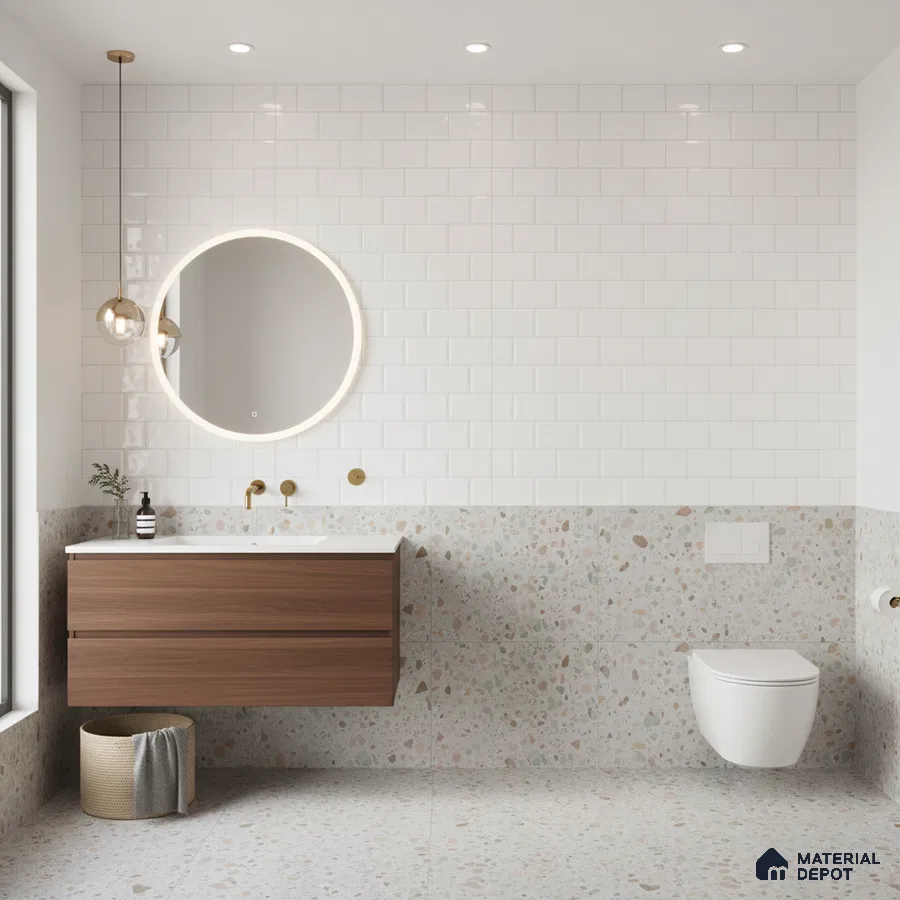 Modern bathroom with white subway wall tiles, terrazzo floor and wall tiles, and walnut wood vanity