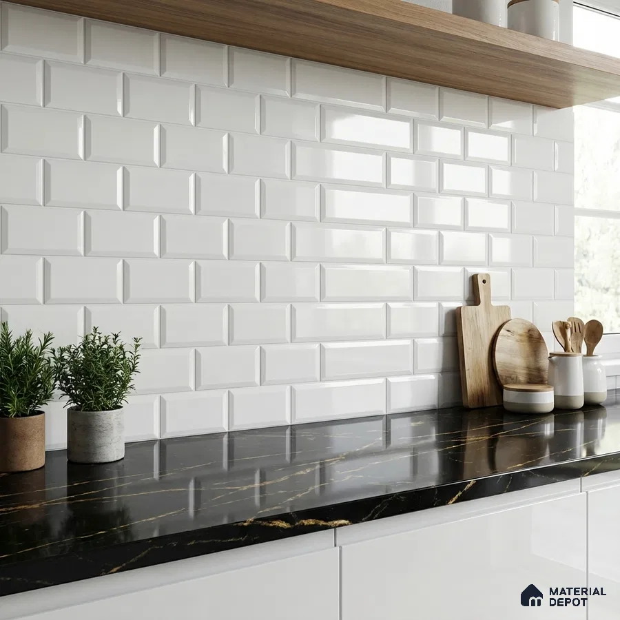 Modern kitchen with white subway backsplash tile and black marble countertop