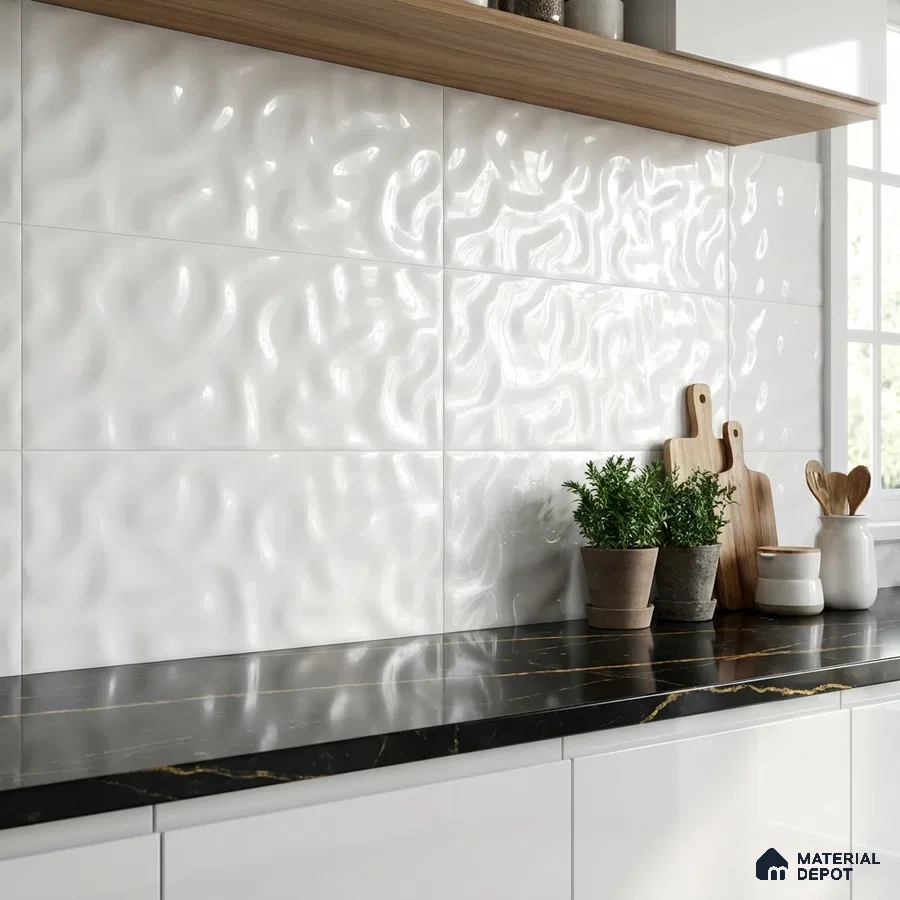 Modern kitchen with glossy white 3D wall tiles and black marble countertop