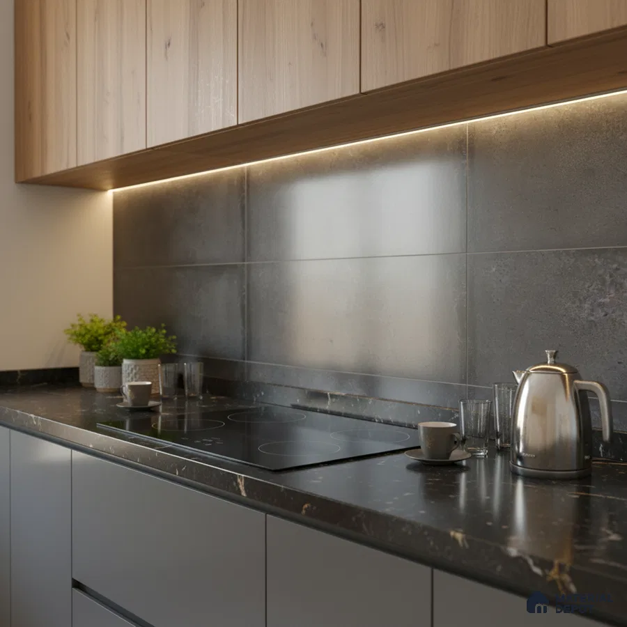 Modern kitchen with light oak laminate cabinets, matte grey backsplash tiles, and black marble countertop