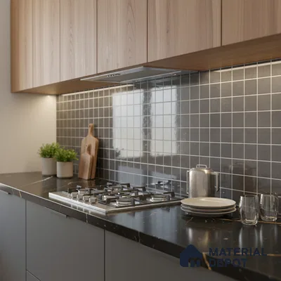 Modern kitchen with light oak laminate cabinets, black marble countertop, and grey grid backsplash tiles