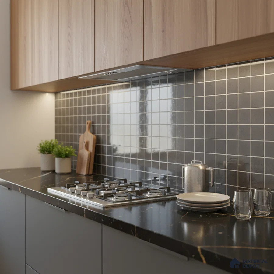 Modern kitchen with light oak laminate cabinets, black marble countertop, and grey grid backsplash tiles