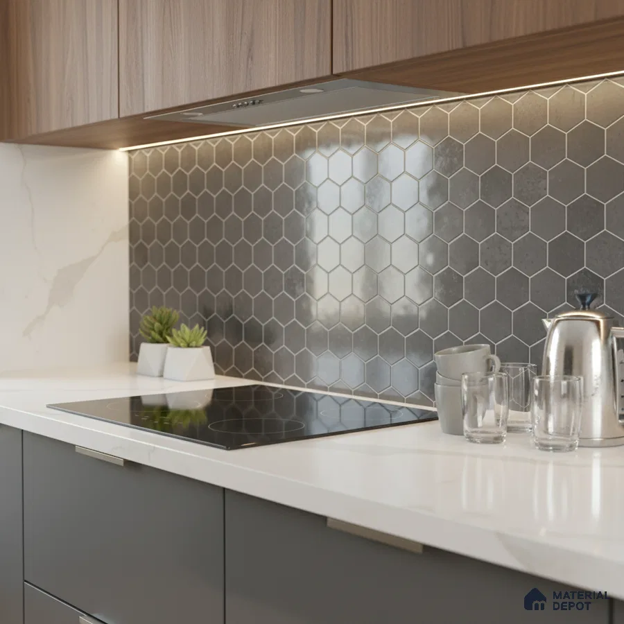 Modern kitchen with walnut laminate cabinets, grey hexagonal backsplash tile, and white marble countertop