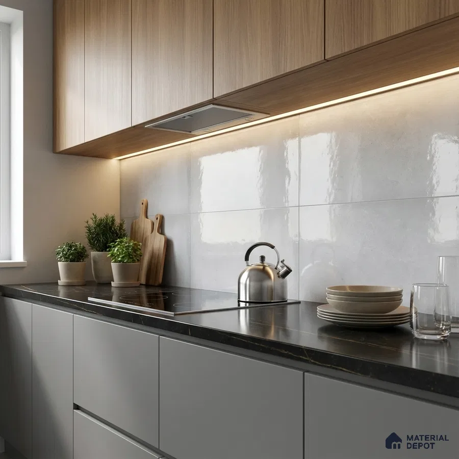Modern kitchen with light oak laminate cabinets, matte grey laminate base units, and glossy white backsplash tile