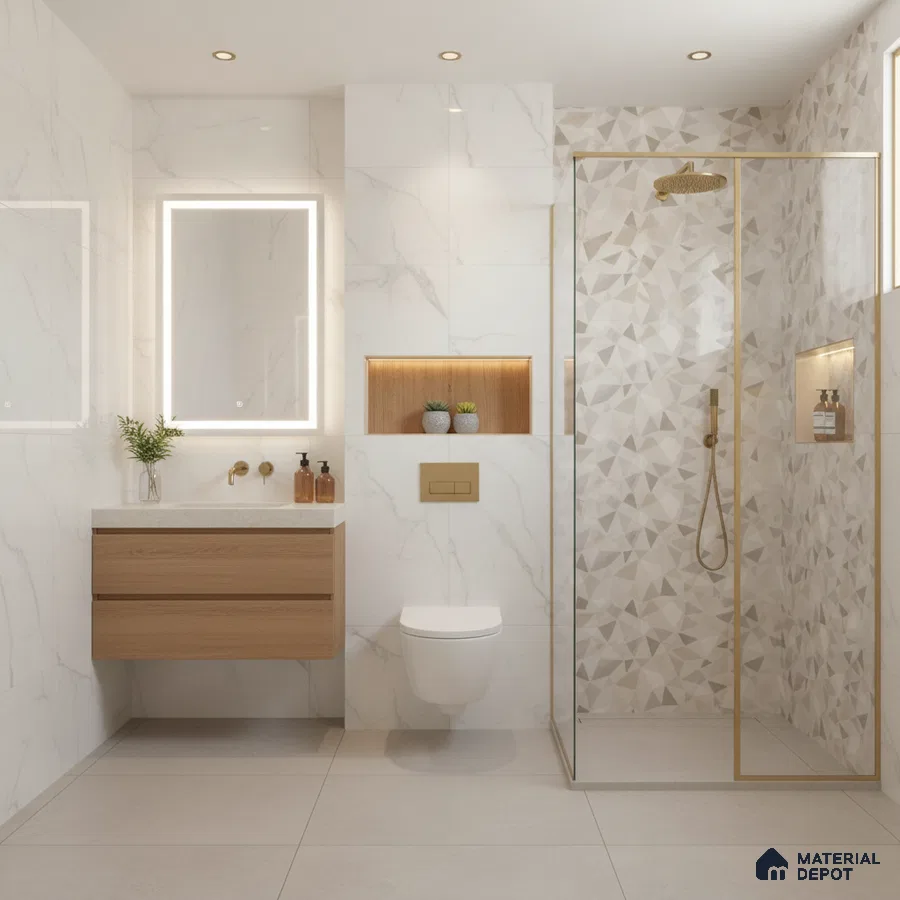 Modern bathroom with marble-look wall tiles, geometric beige shower tiles, and oak wood vanity