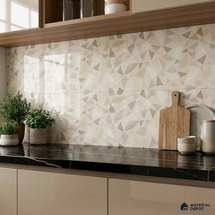 Modern kitchen with geometric beige backsplash tile, black marble countertop, and taupe laminate cabinets