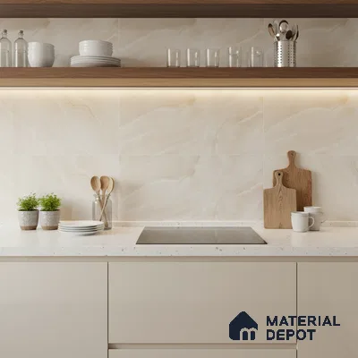 Modern kitchen with beige marble-look backsplash tile, white quartz countertop, and walnut open shelves