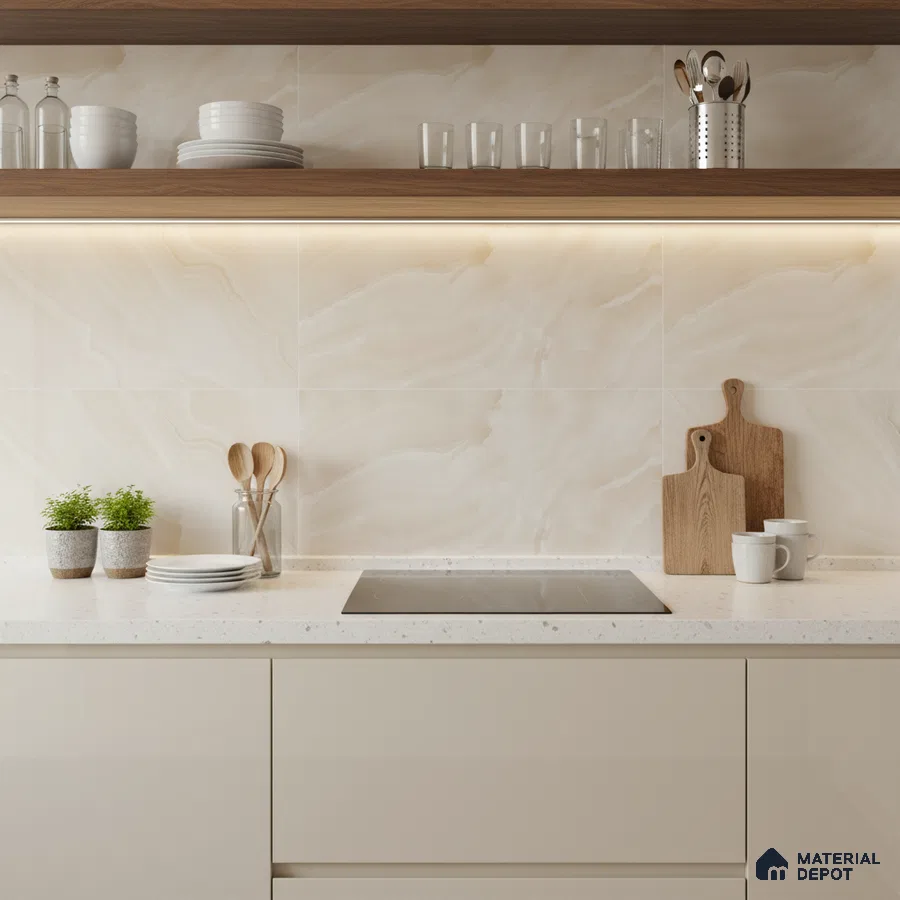 Modern kitchen with beige marble-look backsplash tile, white quartz countertop, and walnut open shelves