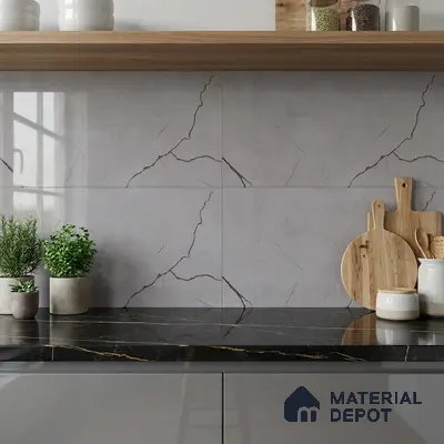 Modern kitchen with grey marble-look backsplash tile, black marble countertop, and taupe glossy laminate cabinets