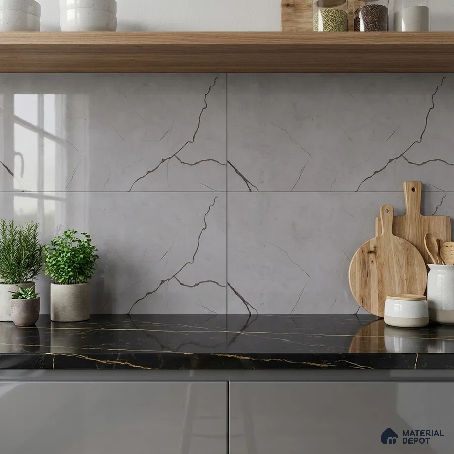 Modern kitchen with grey marble-look backsplash tile, black marble countertop, and taupe glossy laminate cabinets
