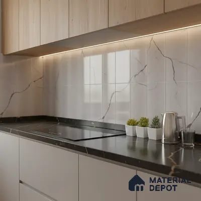 Modern kitchen with light oak laminate, marble-look backsplash tile, and black marble countertop