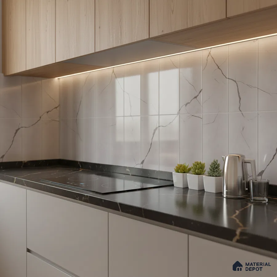 Modern kitchen with light oak laminate, marble-look backsplash tile, and black marble countertop