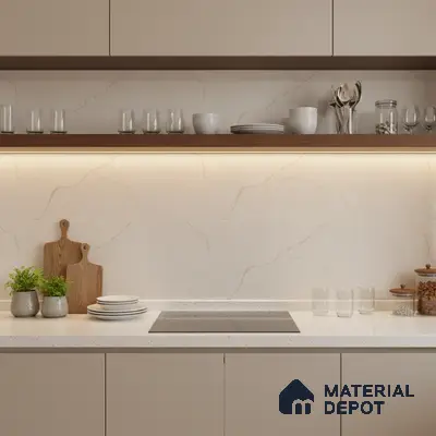 Minimalist kitchen with beige marble-look wall tiles, white quartz countertop, and taupe laminate cabinets