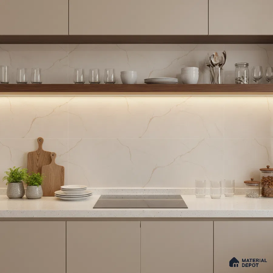 Minimalist kitchen with beige marble-look wall tiles, white quartz countertop, and taupe laminate cabinets