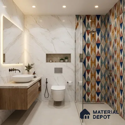 Modern bathroom with marble-look wall tiles, geometric patterned shower tiles, and wood vanity