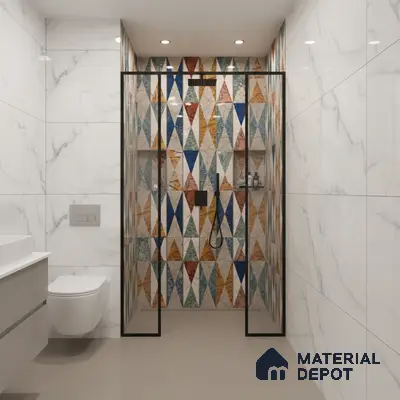Modern bathroom with geometric multicolor highlighter wall tile and white marble-look wall tiles