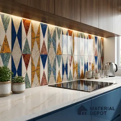 Modern kitchen with geometric patterned backsplash tile, walnut wood laminate, and white marble countertop