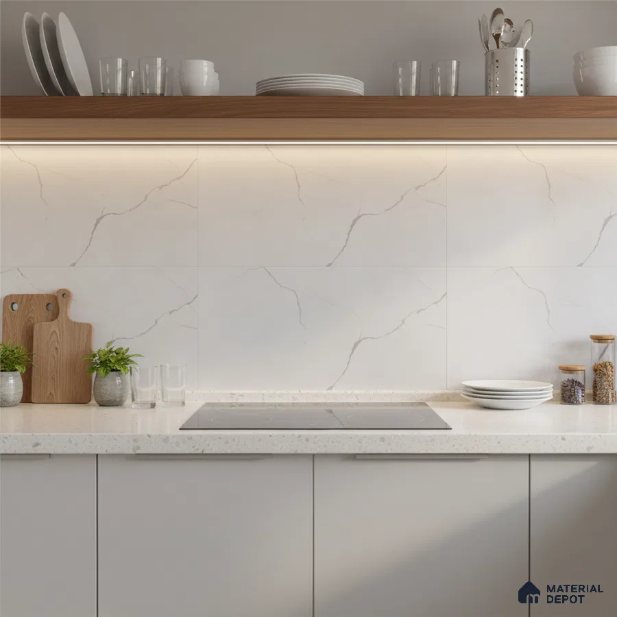 Minimalist kitchen with white marble-look backsplash tile, terrazzo countertop, and light grey laminate cabinets