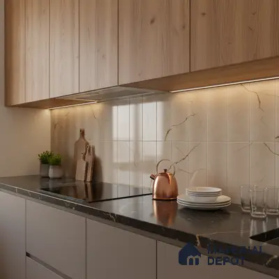 Modern kitchen with light oak laminate cabinets, marble-look backsplash tile, and black marble countertop