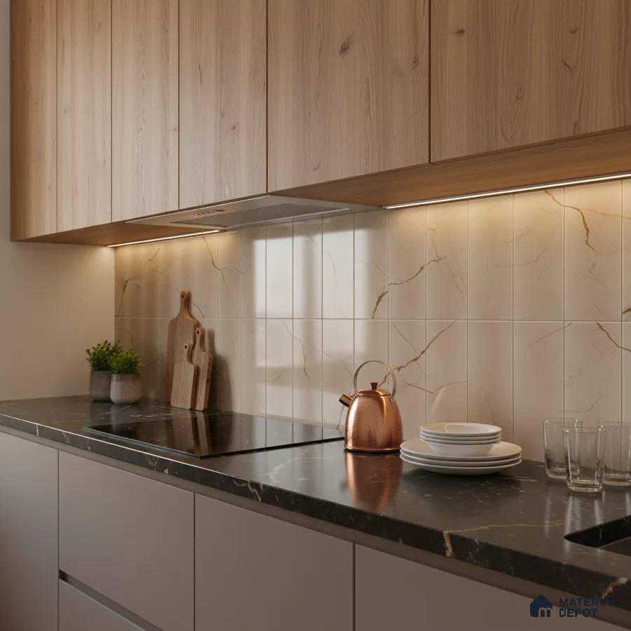 Modern kitchen with light oak laminate cabinets, marble-look backsplash tile, and black marble countertop