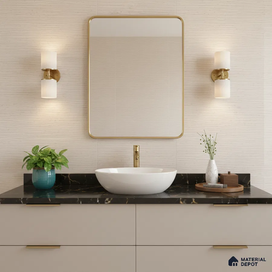 Minimalist kitchen with frosty white laminate cabinets, white marble-look quartz countertop, and textured beige backsplash tile