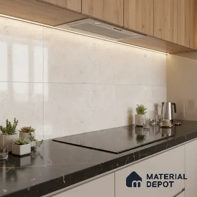 Modern kitchen with light oak laminate cabinets, beige marble backsplash tile, and black marble countertop