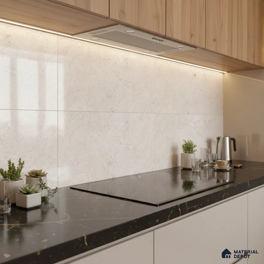 Modern kitchen with light oak laminate cabinets, beige marble backsplash tile, and black marble countertop