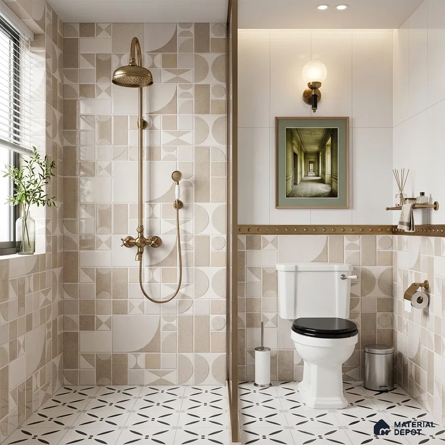 Modern kitchen with geometric beige and white backsplash tiles and black marble countertop