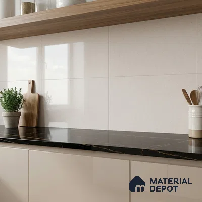 Modern kitchen with beige high gloss laminate, black marble countertop, and light beige wall tiles