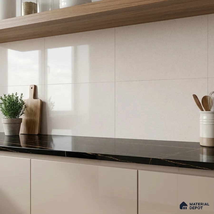 Modern kitchen with beige high gloss laminate, black marble countertop, and light beige wall tiles