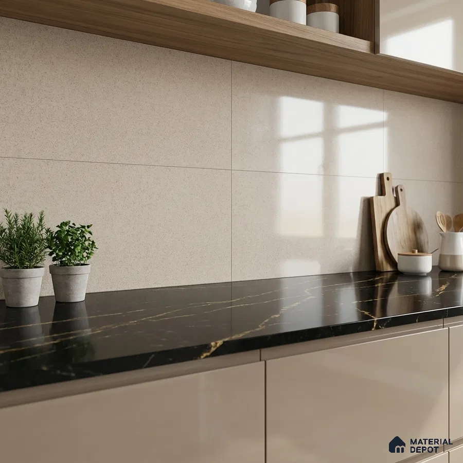 Modern kitchen with beige laminate cabinets, black marble countertop, and cream wall tiles