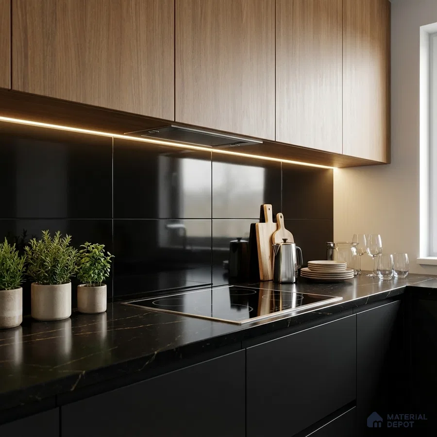 Modern kitchen with walnut wood laminate cabinets, matte black base cabinets, and glossy black tile backsplash
