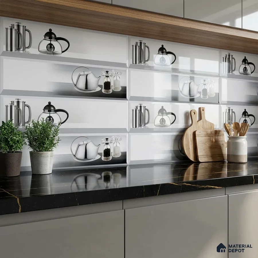 Modern kitchen with digital print backsplash tile, black marble countertop, and grey laminate cabinets