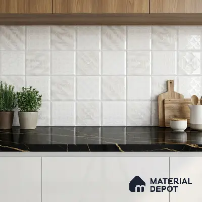 Modern kitchen with patterned white wall tiles, black marble countertop, and walnut wood laminate cabinets